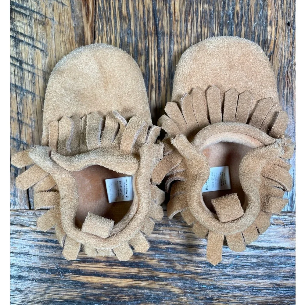 Bearpaw Baby Moccasins Tan Suede Fringe Booties Infant Size 6-12 Months‎ Slip On